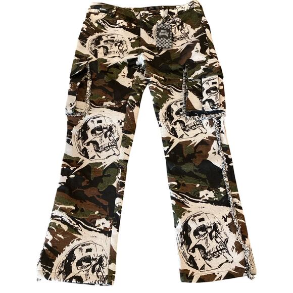 REBEL VENGEANCE Cargo Pants Tapestry Fringe  camouflage SKULL SKELETON Goth 34 - Picture 1 of 11